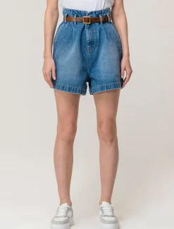 Piazza Italia Short in demin modello paper bag con cintura e tasche applicate sul retro - Denim Blu Cheap