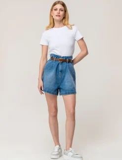 Piazza Italia Short in demin modello paper bag con cintura e tasche applicate sul retro - Denim Blu Cheap