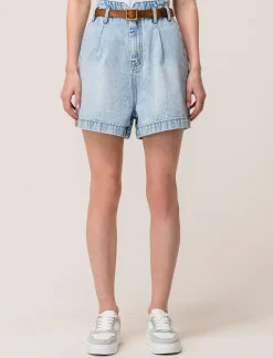 Piazza Italia Short in demin modello paper bag con cintura e tasche applicate sul retro - Denim chiaro Blu New