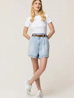 Piazza Italia Short in demin modello paper bag con cintura e tasche applicate sul retro - Denim chiaro Blu New