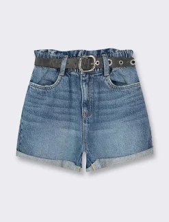 Piazza Italia Short in tessuto vestibilità paper bag con cintura e orlo riscoltato - Denim Blu New