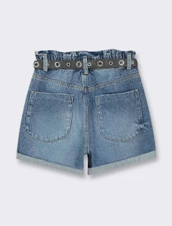 Piazza Italia Short in tessuto vestibilità paper bag con cintura e orlo riscoltato - Denim Blu New