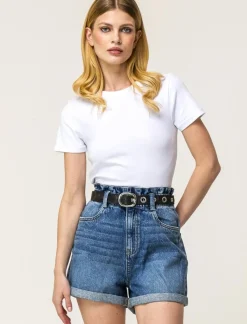 Piazza Italia Short in tessuto vestibilità paper bag con cintura e orlo riscoltato - Denim Blu New