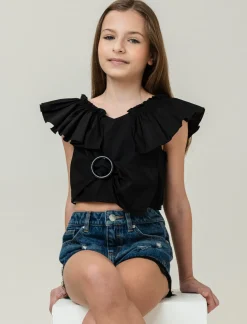 Piazza Italia Top con scollo a V e balze - Nero Cheap