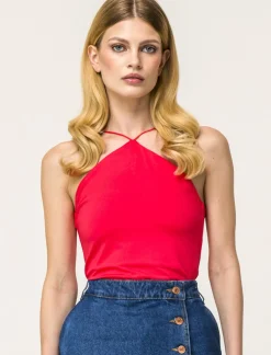 Piazza Italia Top in tessuto elastico con bretelle incrociate sul davanti - Corallo Arancione Discount