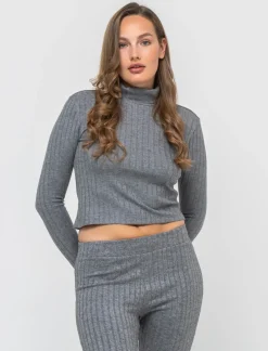 Piazza Italia T-shirt a collo alto e manica lunga e tessuto lavorato a coste - melange Grigio Flash Sale