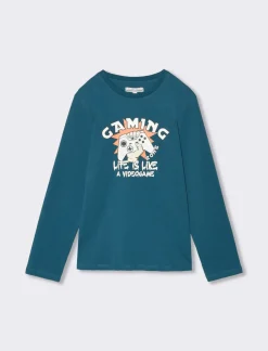 Piazza Italia T-shirt a manica lunga in cotone con stampa davanti - Ottanio Verde Flash Sale