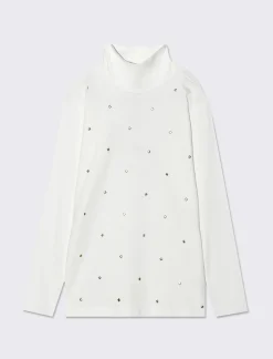 Piazza Italia T-shirt collo alto in cotone elasticizzato con borchie adesive - sporco Bianco Cheap