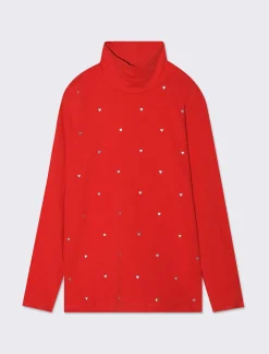 Piazza Italia T-shirt collo alto in cotone elasticizzato con borchie adesive - Rosso Outlet