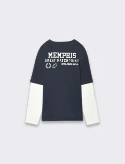 Piazza Italia T-shirt doppia manica, vestibilità over modello stile college con stampa e applicazioni - Blu Best Sale