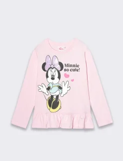 Piazza Italia T-shirt girocollo manica lunga 100% cotone con balza al fondo e stampa Minnie - Rosa Cheap