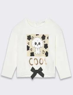 Piazza Italia T-shirt girocollo manica lunga, con stampa frontale fiocco ed arricciatura al fondo - Bianco panna Online