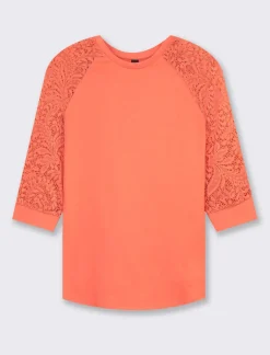 Piazza Italia T-shirt in pizzo con manica 3/4 e motivi floreali raglan - Corallo Arancione Shop