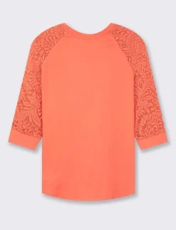Piazza Italia T-shirt in pizzo con manica 3/4 e motivi floreali raglan - Corallo Arancione Shop