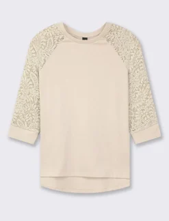 Piazza Italia T-shirt in pizzo con manica 3/4 e motivi floreali raglan - Sabbia Beige Flash Sale