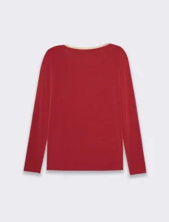 Piazza Italia T-shirt manica lunga, girocollo con bordo in filo effetto metallico - Bordeaux Rosso Fashion