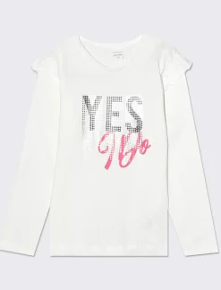 Piazza Italia T-shirt manica lunga in cotone con rouches e stampa con dettagli effetto metallizzato - sporco Bianco Outlet