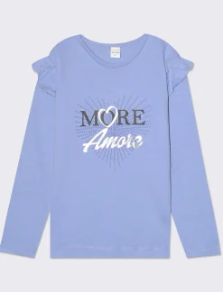 Piazza Italia T-shirt manica lunga in cotone con rouches e stampa con dettagli effetto metallizzato - Azzurro Online