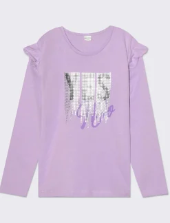 Piazza Italia T-shirt manica lunga in cotone con rouches e stampa con dettagli effetto metallizzato - Lilla Viola New