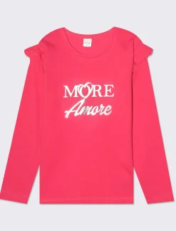 Piazza Italia T-shirt manica lunga in cotone con rouches e stampa con dettagli effetto metallizzato - Fuxia Shop