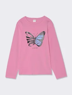 Piazza Italia T-shirt manica lunga in cotone con stampa lucida e arriccio sulla manica - Rosa Clearance