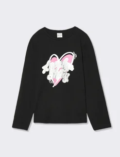 Piazza Italia T-shirt manica lunga in cotone con stampa lucida e arriccio sulla manica - Nero New