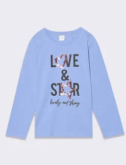 Piazza Italia T-shirt manica lunga in cotone con stampa e dettaglio paillettes - Azzurro Fashion