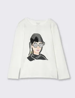 Piazza Italia T-shirt manica lunga in cotone con stampa e dettaglio paillettes - Bianco sporco Best Sale