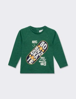 Piazza Italia T-shirt manica lunga in jersey fiammato con maxi stampa tema skate - Verde Best Sale