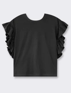 Piazza Italia T-shirt mezza manica girocollo con applicazione rouches sulla manica - Nero Discount