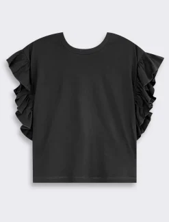 Piazza Italia T-shirt mezza manica girocollo con applicazione rouches sulla manica - Nero Discount