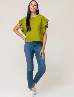 Piazza Italia T-shirt mezza manica girocollo con applicazione rouches sulla manica - pistacchio Verde Best Sale