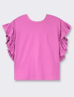 Piazza Italia T-shirt mezza manica girocollo con applicazione rouches sulla manica - Viola Clearance