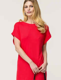 Piazza Italia Vestito in viscosa a coste, girocollo, manica a T con spacchi laterali al fondo - Corallo Arancione Outlet