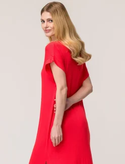 Piazza Italia Vestito in viscosa a coste, girocollo, manica a T con spacchi laterali al fondo - Corallo Arancione Outlet