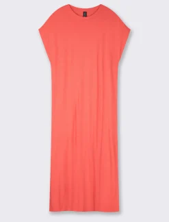 Piazza Italia Vestito in viscosa a coste, girocollo, manica a T con spacchi laterali al fondo - Corallo Arancione Outlet