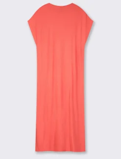 Piazza Italia Vestito in viscosa a coste, girocollo, manica a T con spacchi laterali al fondo - Corallo Arancione Outlet