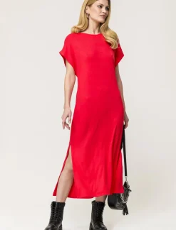 Piazza Italia Vestito in viscosa a coste, girocollo, manica a T con spacchi laterali al fondo - Corallo Arancione Outlet