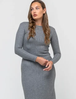 Piazza Italia Vestito lungo con girocollo e manica lunga tessuto tipo maglina a coste larghe - melange Grigio Store